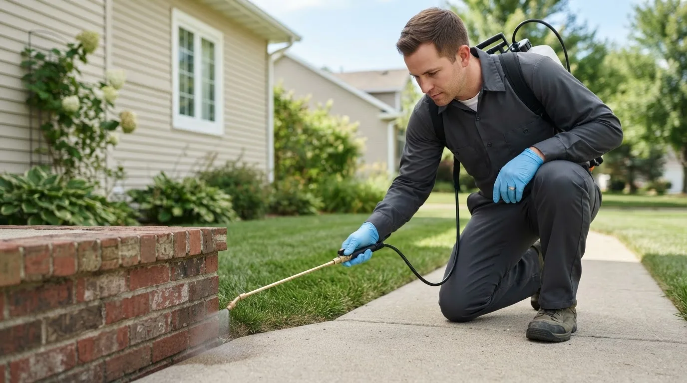 Pest control technician treating a home near Swanville, MN