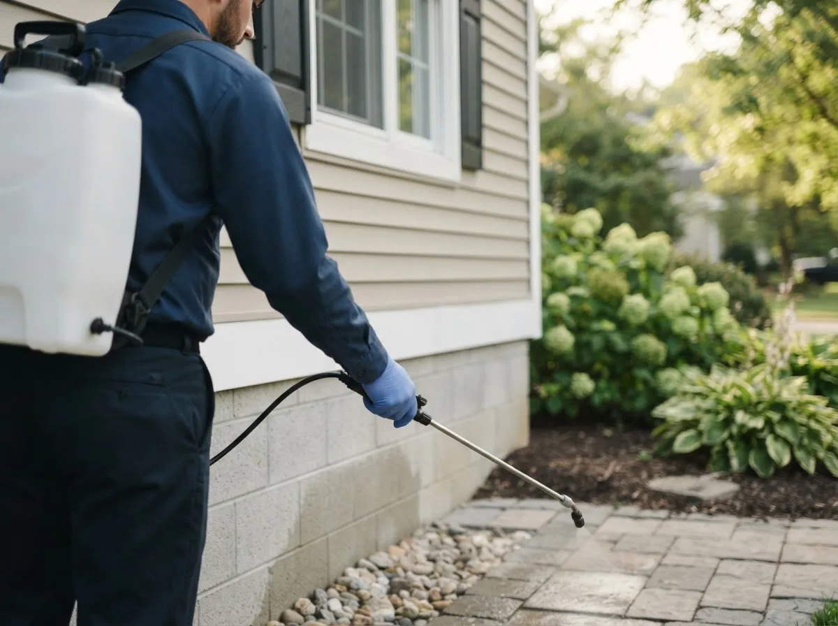 Pest control technician inspecting a home in Swanville, MN